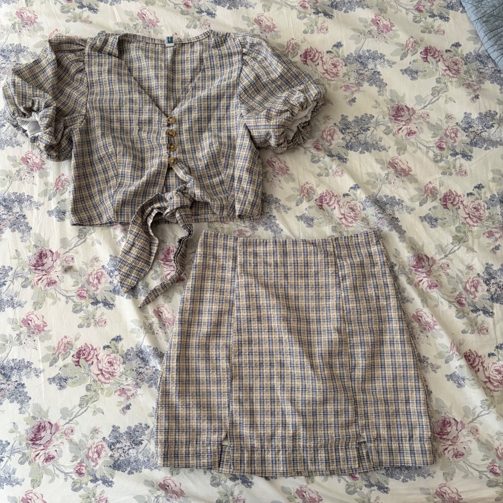 Plaid 2 Piece Matching Set Crop Tie Front Top and Mini Skirt Blue Yellow